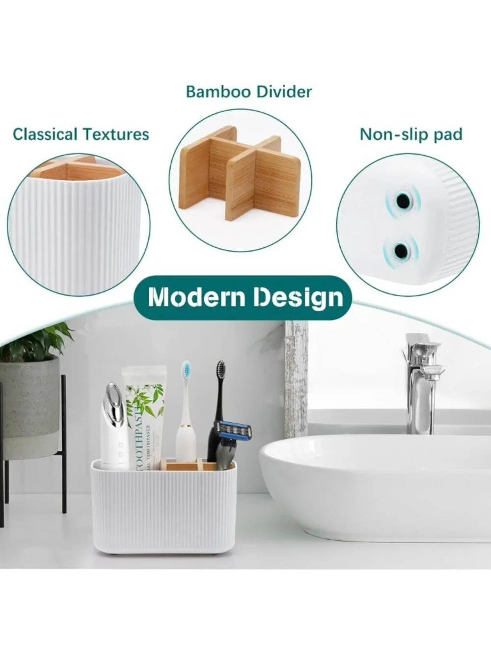 Stylish White Toothbrush Holder - 5 Slot Bathroom Storage Organizer for Easy